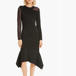 Alice + Olivia Kaine Mesh Insert Asymmetrical Hem Midi Dress Black Size 2